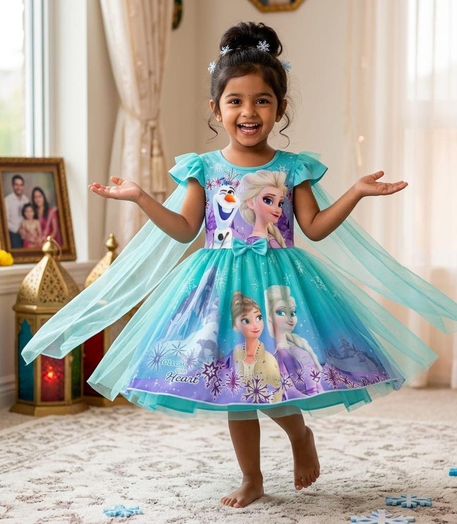 Little girl twirling in a Frozen-themed party dress